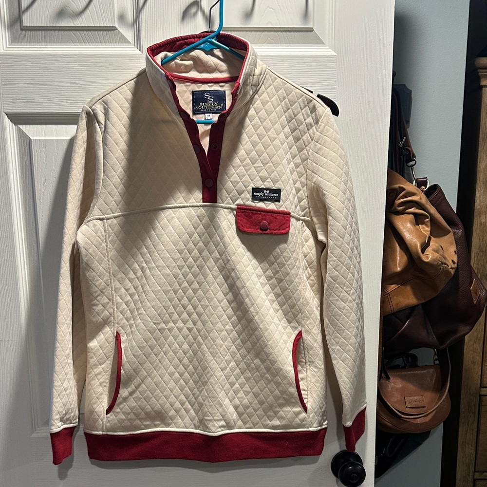 Simply Southern Cream and Red Quilted Sweatshirt